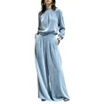 thumbnail image 1 of Szluipve 2 Piece Sets for Women Velvet 2 Piece Matching Outfit High Neck Pleated Long Sleeve Blouse Top & High Waist Wide Leg Palazzo Pants Elegant Party Set with Pockets Sky Blue XL, 1 of 9