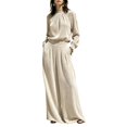 thumbnail image 1 of Szluipve 2 Piece Sets for Women Velvet 2 Piece Matching Outfit High Neck Pleated Long Sleeve Blouse Top & High Waist Wide Leg Palazzo Pants Elegant Party Set with Pockets Beige L, 1 of 9