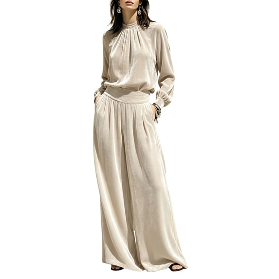 Szluipve 2 Piece Sets for Women Velvet 2 Piece Matching Outfit High Neck Pleated Long Sleeve Blouse Top & High Waist Wide Leg Palazzo Pants Elegant Party Set with Pockets Beige L