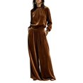 thumbnail image 1 of Szluipve 2 Piece Sets for Women Velvet 2 Piece Matching Outfit High Neck Pleated Long Sleeve Blouse Top & High Waist Wide Leg Palazzo Pants Elegant Party Set with Pockets Coffee 2XL, 1 of 9