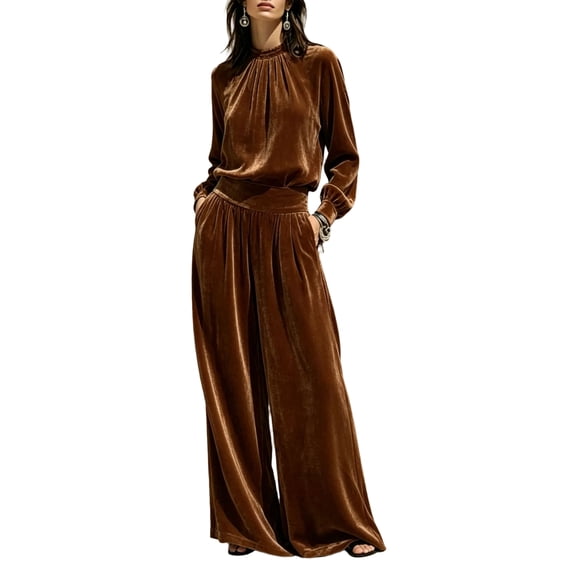 Szluipve 2 Piece Sets for Women Velvet 2 Piece Matching Outfit High Neck Pleated Long Sleeve Blouse Top & High Waist Wide Leg Palazzo Pants Elegant Party Set with Pockets Coffee 2XL