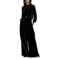 thumbnail image 1 of Szluipve 2 Piece Sets for Women Velvet 2 Piece Matching Outfit High Neck Pleated Long Sleeve Blouse Top & High Waist Wide Leg Palazzo Pants Elegant Party Set with Pockets Black XL, 1 of 9