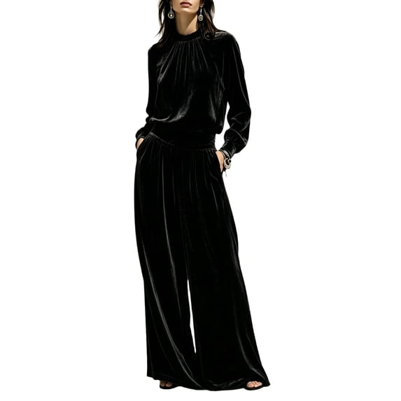 Szluipve 2 Piece Sets for Women Velvet 2 Piece Matching Outfit High Neck Pleated Long Sleeve Blouse Top & High Waist Wide Leg Palazzo Pants Elegant Party Set with Pockets Black XL