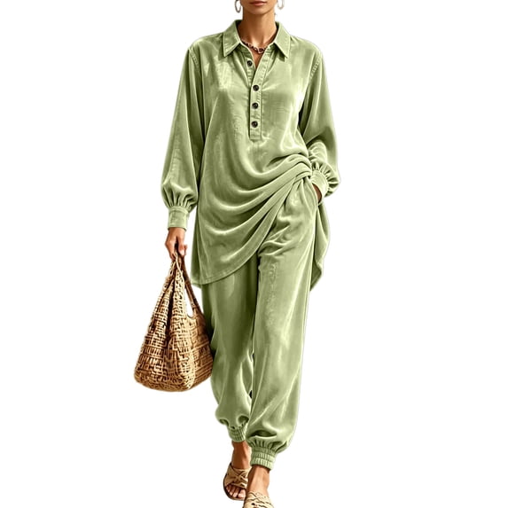 Szluipve 2 Piece Sets for Women Velvet 2 Piece Outfits Collared Half‑Button Lantern Long Sleeve Top Elastic Cuff Jogger Pants Set Casual Loose Matching Loungewear Suit With Pockets Green S