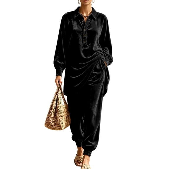Szluipve 2 Piece Sets for Women Velvet 2 Piece Outfits Collared Half‑Button Lantern Long Sleeve Top Elastic Cuff Jogger Pants Set Casual Loose Matching Loungewear Suit With Pockets Black S