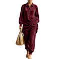 thumbnail image 1 of Szluipve 2 Piece Sets for Women Velvet 2 Piece Outfits Collared Half‑Button Lantern Long Sleeve Top Elastic Cuff Jogger Pants Set Casual Loose Matching Loungewear Suit With Pockets Wine S, 1 of 6