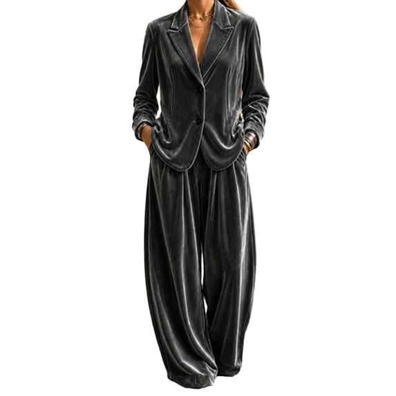 Szluipve 2 Piece Sets for Women Velvet 2 Piece Suit Outfit Notched Lapel Button Blazer Jacket & High Waist Wide Leg Pleated Pants Elegant Casual Matching Set with Pockets Dark Gray L