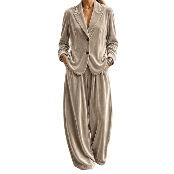 Szluipve 2 Piece Sets for Women Velvet 2 Piece Suit Outfit Notched Lapel Button Blazer Jacket & High Waist Wide Leg Pleated Pants Elegant Casual Matching Set with Pockets Khaki S