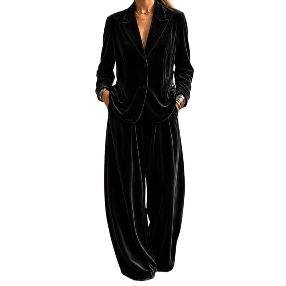 Szluipve 2 Piece Sets for Women Velvet 2 Piece Suit Outfit Notched Lapel Button Blazer Jacket & High Waist Wide Leg Pleated Pants Elegant Casual Matching Set with Pockets Black L