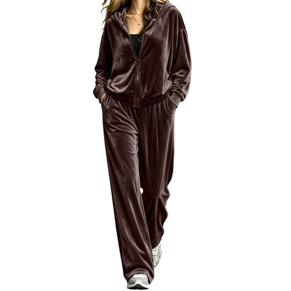 Szluipve Women Velvet 2 Piece Tracksuit Zip Up Hooded Long Sleeve Jacket High Waist Wide Leg Pants Casual Solid Loungewear Matching Set