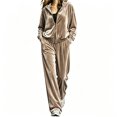 thumbnail image 1 of Szluipve Women Velvet 2 Piece Tracksuit Zip Up Hooded Long Sleeve Jacket High Waist Wide Leg Pants Casual Solid Loungewear Matching Set, 1 of 6
