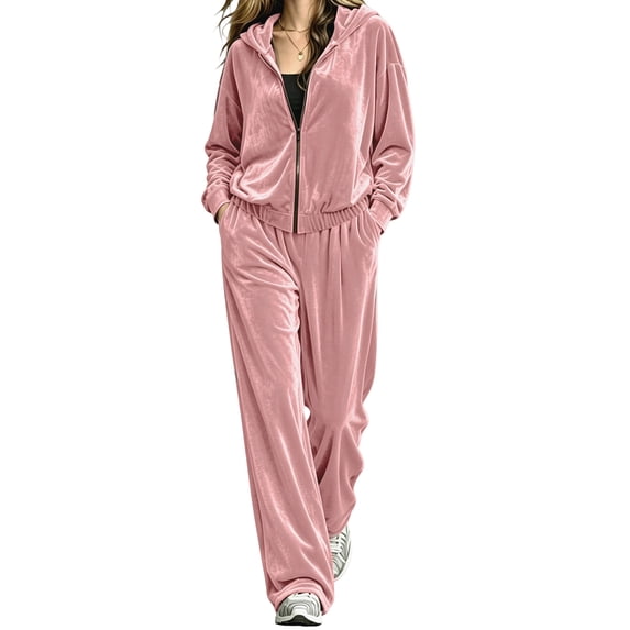 Szluipve Women Velvet 2 Piece Tracksuit Zip Up Hooded Long Sleeve Jacket High Waist Wide Leg Pants Casual Solid Loungewear Matching Set