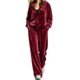 thumbnail image 1 of Szluipve Women Velvet 2 Piece Tracksuit Zip Up Hooded Long Sleeve Jacket High Waist Wide Leg Pants Casual Solid Loungewear Matching Set, 1 of 6