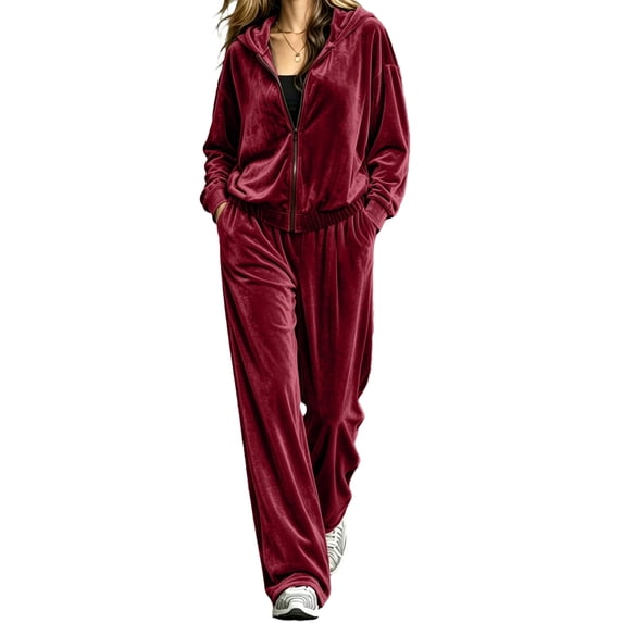 Szluipve Women Velvet 2 Piece Tracksuit Zip Up Hooded Long Sleeve Jacket High Waist Wide Leg Pants Casual Solid Loungewear Matching Set