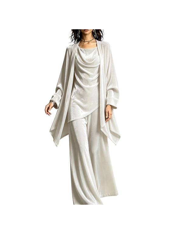 2 Piece Sets for Women Velvet 3 Piece Outfit Set Long Sleeve Open Front Cardigan Draped Tank Top Wide Leg Pants Elegant Solid Loungewear Suit For Party Wedding White M