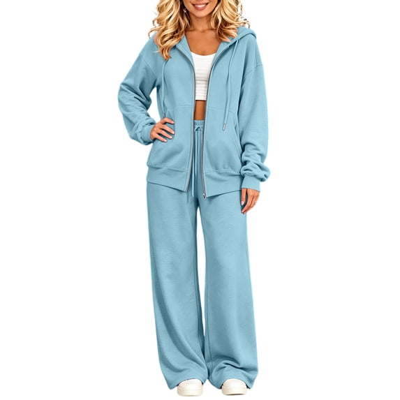 Szluipve 2 Piece Sets for Women Zip‑Up Hoodie 2 Piece Loungewear Set Drawstring Full Zip Hooded Jacket & Elastic Waist Wide Leg Pants Casual Tracksuit Outfit with Pockets Light Blue 2XL