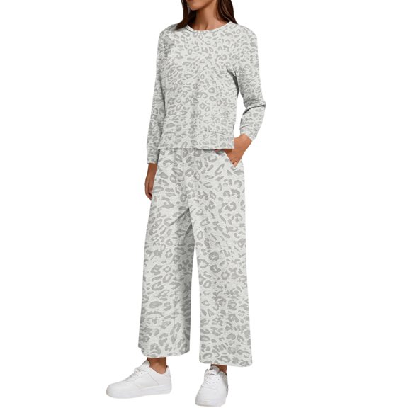 Szluipve 2 Piece Sets for Women Leopard Print 2 Piece Outfit Long Sleeve Crew Neck Split Hem Sweatshirt Wide Leg Pants Casual Loungewear Set Gray M