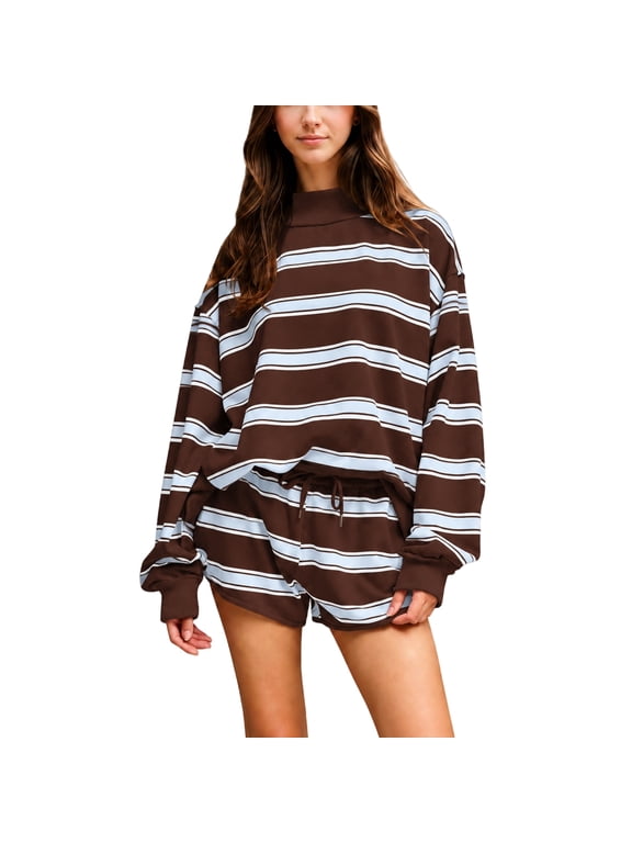 2 Piece Sets for Women Striped 2 Piece Outfit Mock Neck Long Sleeve Top Drawstring Shorts Set Casual Loungewear Pajama Set Brown M