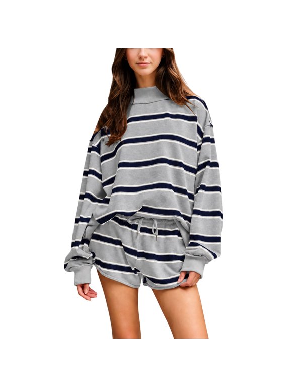 2 Piece Sets for Women Striped 2 Piece Outfit Mock Neck Long Sleeve Top Drawstring Shorts Set Casual Loungewear Pajama Set Gray L