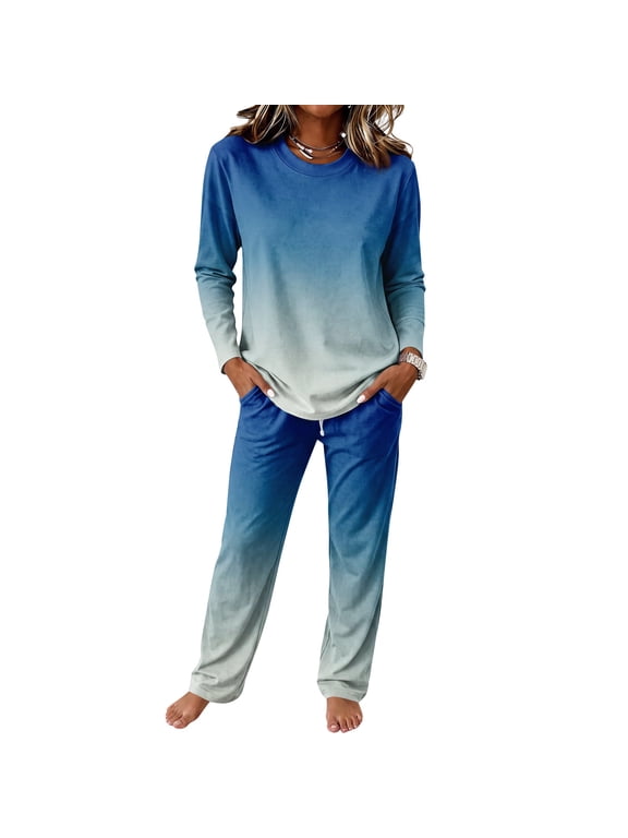 2 Piece Sets for Women Tie Dye Loungewear Set Crew Neck Long Sleeve Top Drawstring Wide Leg Pants Soft Casual Pajamas Matching Outfit