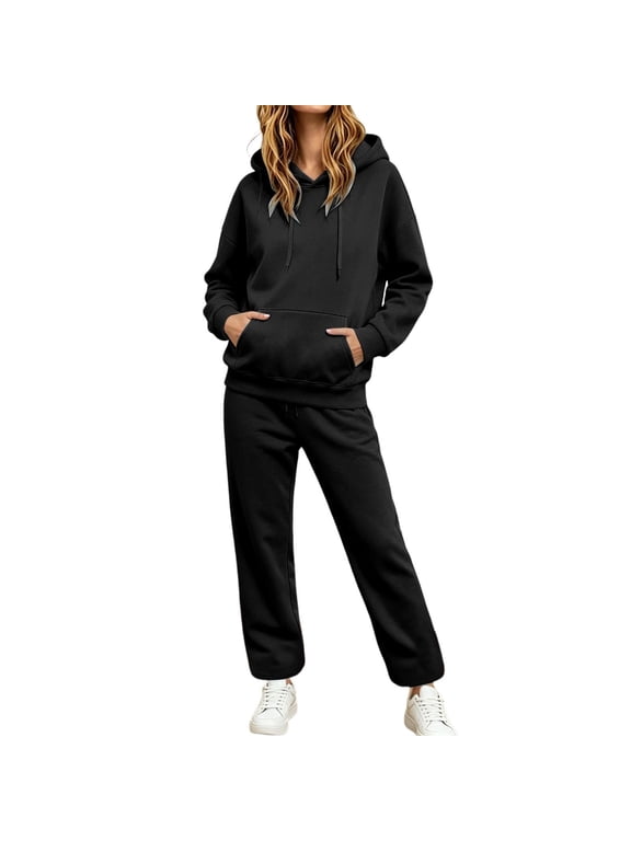 2 Piece Sets qor women 2 Piece Tracksuit Drawstring Hooded Sweatshirt and Straight Leg Sweatpants Set Solid Color Loose Long Sleeve Casual Loungewear Outfit