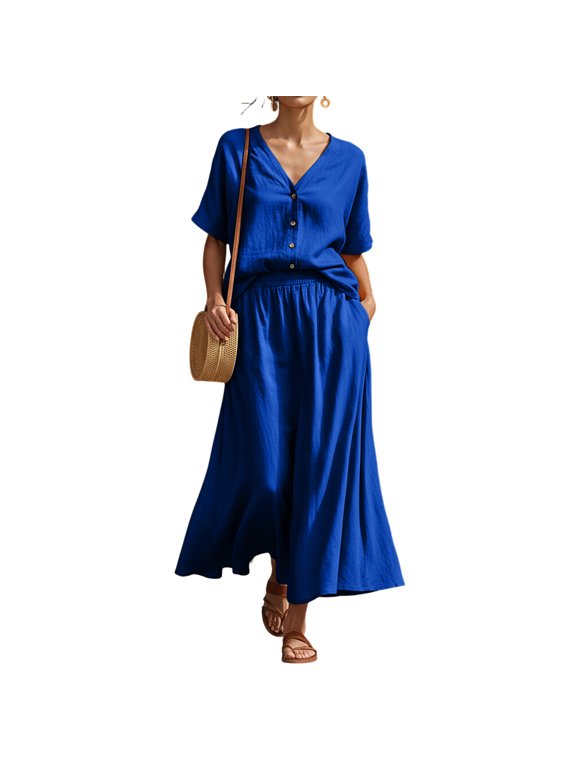 2 Piece Sets for Women Solid Cotton Linen 2 Piece Outfit V Neck Short Sleeve Button Front Top Elastic High Waist Flowy Long Skirt with Pockets Casual Summer Beach Vacation Matching Set