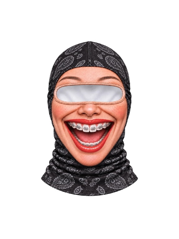 3D Realistic Funny Braces Smile Woman Face Printed Ski Balaclava, Paisley Pattern Full Face Windproof Neck Gaiter Mask for Halloween Cosplay Skiing Cycling
