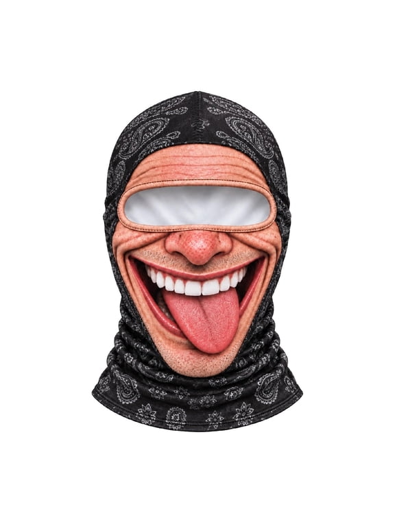 Szluipve 3D Realistic Funny Tongue Out Man Face Printed Ski Balaclava, Paisley Pattern Full Face Windproof Neck Gaiter Mask for Halloween Cosplay Skiing Cycling