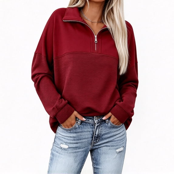 Szluipve Color Block Half Zip Sweatshirt Women Waffle Knit Long Sleeve ...