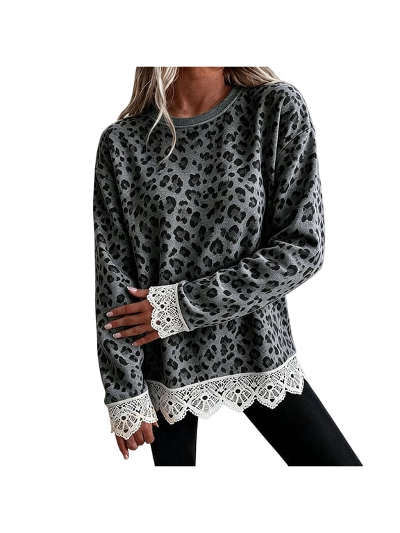 Leopard Print Women Crew Neck Sweatshirt Long Sleeve Lace Trim Hem Cuff Loose Casual Pullover Top Gray S