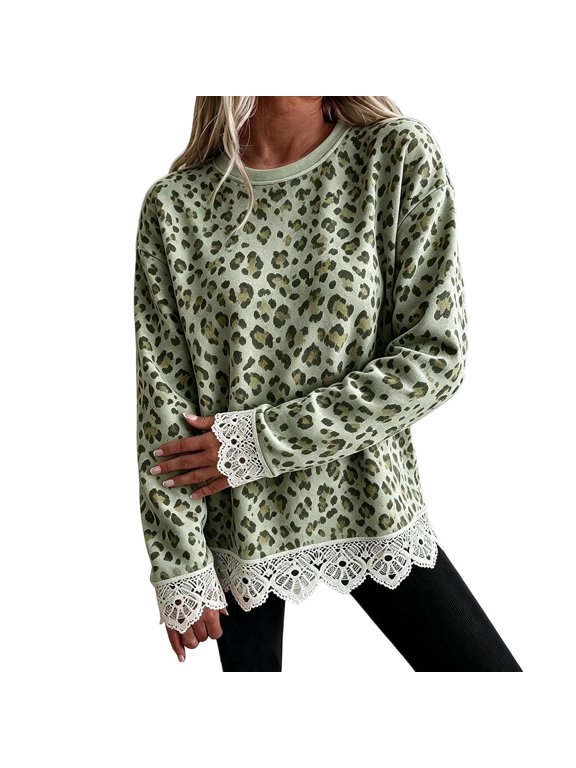 Leopard Print Women Crew Neck Sweatshirt Long Sleeve Lace Trim Hem Cuff Loose Casual Pullover Top Green 3XL