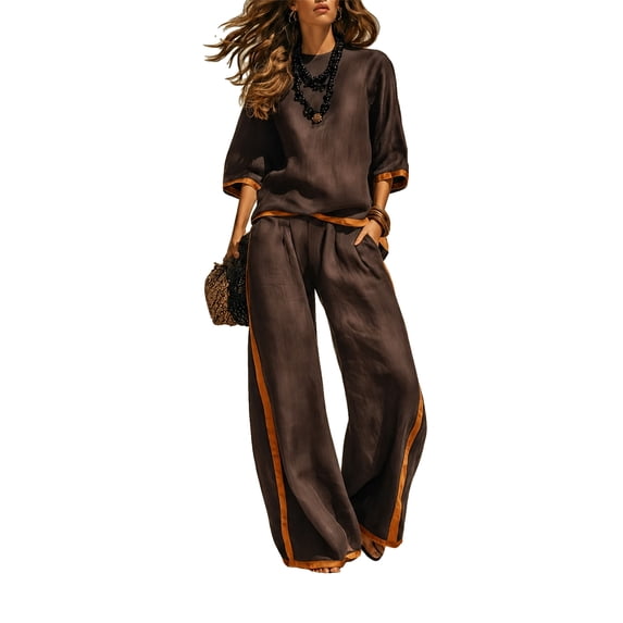 Szluipve Linen Sets for Women 2 Piece 2 Piece Linen Outfit Contrast Trim 3/4 Sleeve Crew Neck Top & Wide Leg Pants Set Loose Casual Beach Vacation Tracksuit Suit Brown L