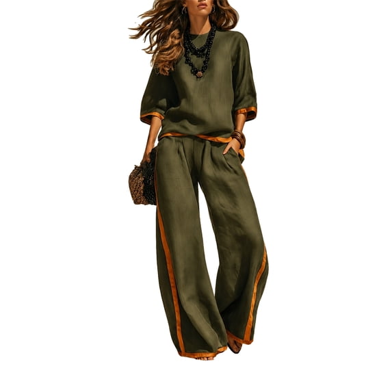 Szluipve Linen Sets for Women 2 Piece 2 Piece Linen Outfit Contrast Trim 3/4 Sleeve Crew Neck Top & Wide Leg Pants Set Loose Casual Beach Vacation Tracksuit Suit Blue L