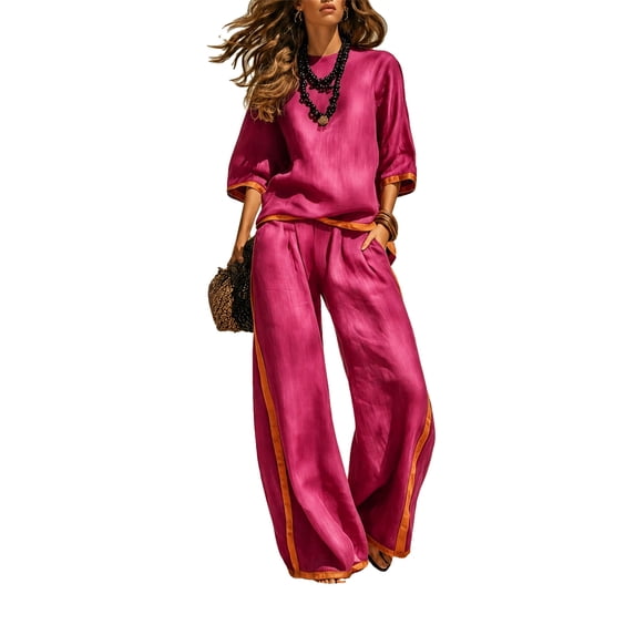 Szluipve Linen Sets for Women 2 Piece 2 Piece Linen Outfit Contrast Trim 3/4 Sleeve Crew Neck Top & Wide Leg Pants Set Loose Casual Beach Vacation Tracksuit Suit Saffron L