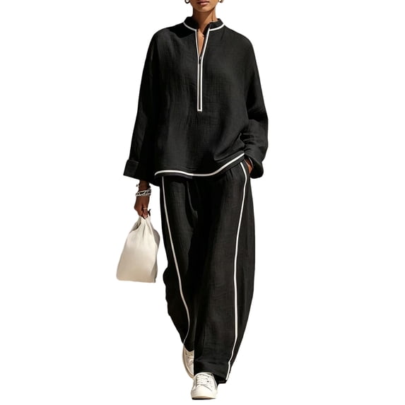 Szluipve Linen Sets for Women 2 Piece Half Zip Stand Collar 2 Piece Outfits Long Sleeve Contrast Piping Top & High Waist Wide Leg Pants Casual Linen‑Look Matching Set with Pockets Black 2XL