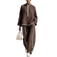 thumbnail image 1 of Szluipve Linen Sets for Women 2 Piece Half Zip Stand Collar 2 Piece Outfits Long Sleeve Contrast Piping Top & High Waist Wide Leg Pants Casual Linen‑Look Matching Set with Pockets Coffee S, 1 of 5