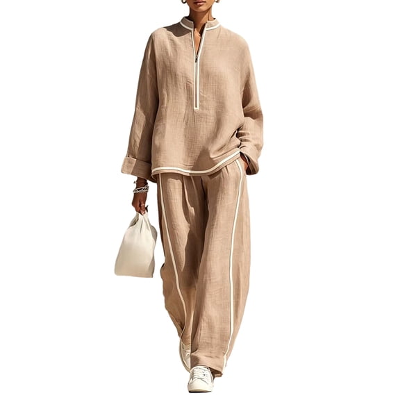 Szluipve Linen Sets for Women 2 Piece Half Zip Stand Collar 2 Piece Outfits Long Sleeve Contrast Piping Top & High Waist Wide Leg Pants Casual Linen‑Look Matching Set with Pockets Khaki XL