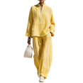 thumbnail image 1 of Szluipve Linen Sets for Women 2 Piece Half Zip Stand Collar 2 Piece Outfits Long Sleeve Contrast Piping Top & High Waist Wide Leg Pants Casual Linen‑Look Matching Set with Pockets Yellow L, 1 of 5