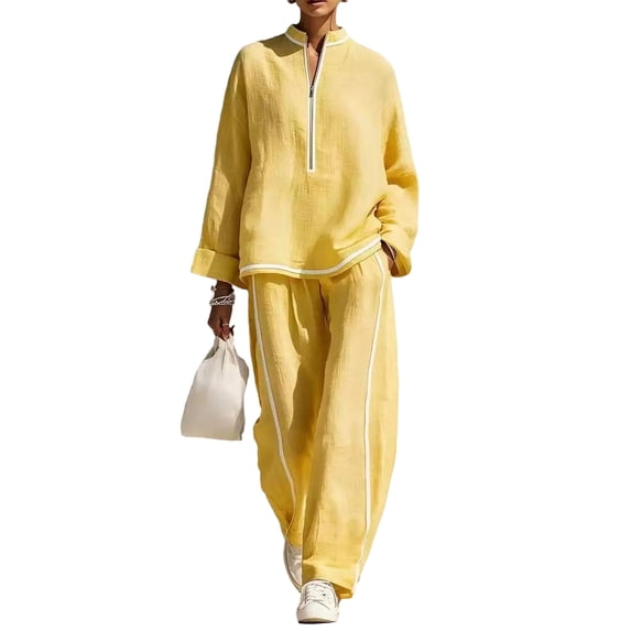 Szluipve Linen Sets for Women 2 Piece Half Zip Stand Collar 2 Piece Outfits Long Sleeve Contrast Piping Top & High Waist Wide Leg Pants Casual Linen‑Look Matching Set with Pockets Yellow L