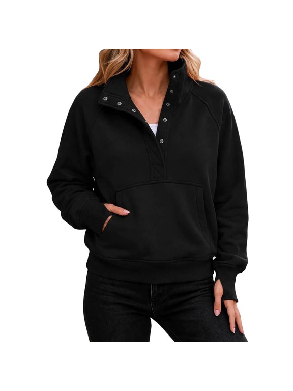 Snap Button Half Zip Women Stand Collar Sweatshirt Long Sleeve Thumb Hole Kangaroo Pocket Loose Casual Pullover Black L