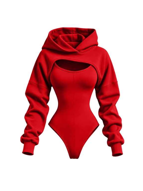 2 Piece Sets for Women Cutout Hooded Shrug and Sleeveless Bodysuit 2 Piece Outfit Long Sleeve Cropped Sweatshirt Set Casual Fashion Bodycon Jumpsuit Red 4XL