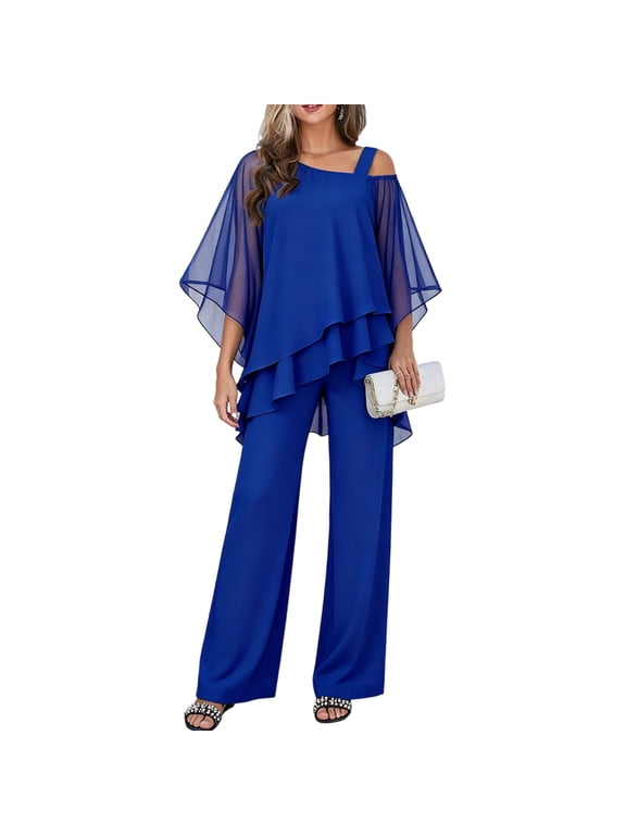 Women Chiffon 2 Piece Outfit Cold Shoulder Ruffled Flowy Cape Sleeve Top Wide Leg Pants Set, Solid Elegant Matching Suit for Wedding Guest Evening Party