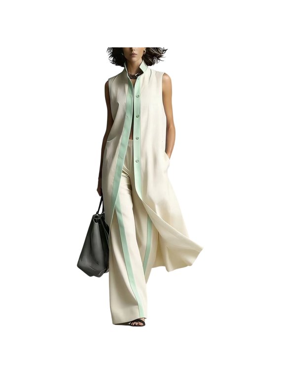 Women Color Block 2 Piece Outfit Sleeveless Stand Collar Long Duster Vest Cardigan High Waist Wide Leg Pants Elegant Casual Two Piece Set