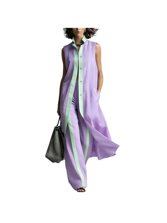 Women Color Block 2 Piece Outfit Sleeveless Stand Collar Long Duster Vest Cardigan High Waist Wide Leg Pants Elegant Casual Two Piece Set