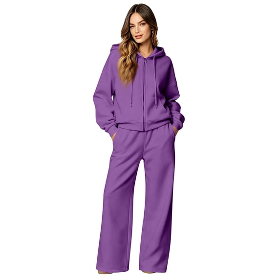 Szluipve Women Cropped Zip‑Up Hoodie 2 Piece Outfits Drawstring Long Sleeve Full Zip Short Hooded Jacket and Elastic Waist Wide Leg Pants Casual Tracksuit Loungewear Set Purple M