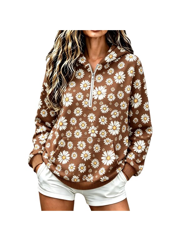 Women Daisy Floral Print Half Zip Hoodie Long Sleeve Loose Casual Pullover Sweatshirt With Kangaroo Pocket Brown L