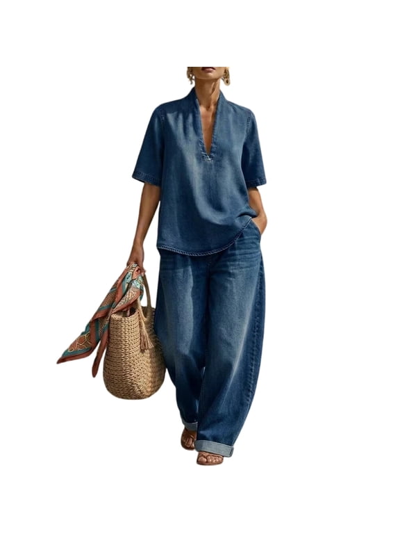 Women Denim 2 Piece Outfit V Neck Short Sleeve Blouse High Waist Wide Leg Jeans Set, Vintage Washed Loose Casual Matching Suit for Daily Vacation