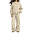thumbnail image 1 of Szluipve Women Full Zip Hoodie 2 Piece Outfits Drawstring Long Sleeve Zip‑Up Hooded Jacket and Elastic Waist Wide Leg Pants Casual Tracksuit Loungewear Set Khaki L, 1 of 7