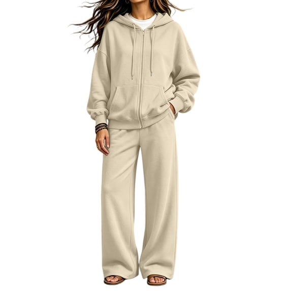 Szluipve Women Full Zip Hoodie 2 Piece Outfits Drawstring Long Sleeve Zip‑Up Hooded Jacket and Elastic Waist Wide Leg Pants Casual Tracksuit Loungewear Set Khaki L
