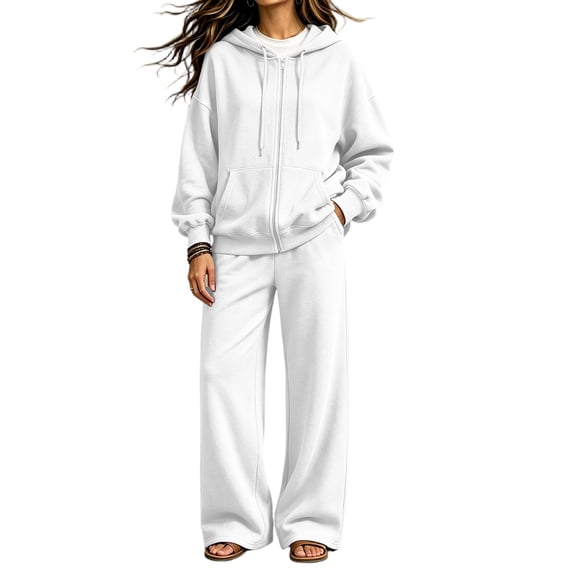 Szluipve Women Full Zip Hoodie 2 Piece Outfits Drawstring Long Sleeve Zip‑Up Hooded Jacket and Elastic Waist Wide Leg Pants Casual Tracksuit Loungewear Set White M